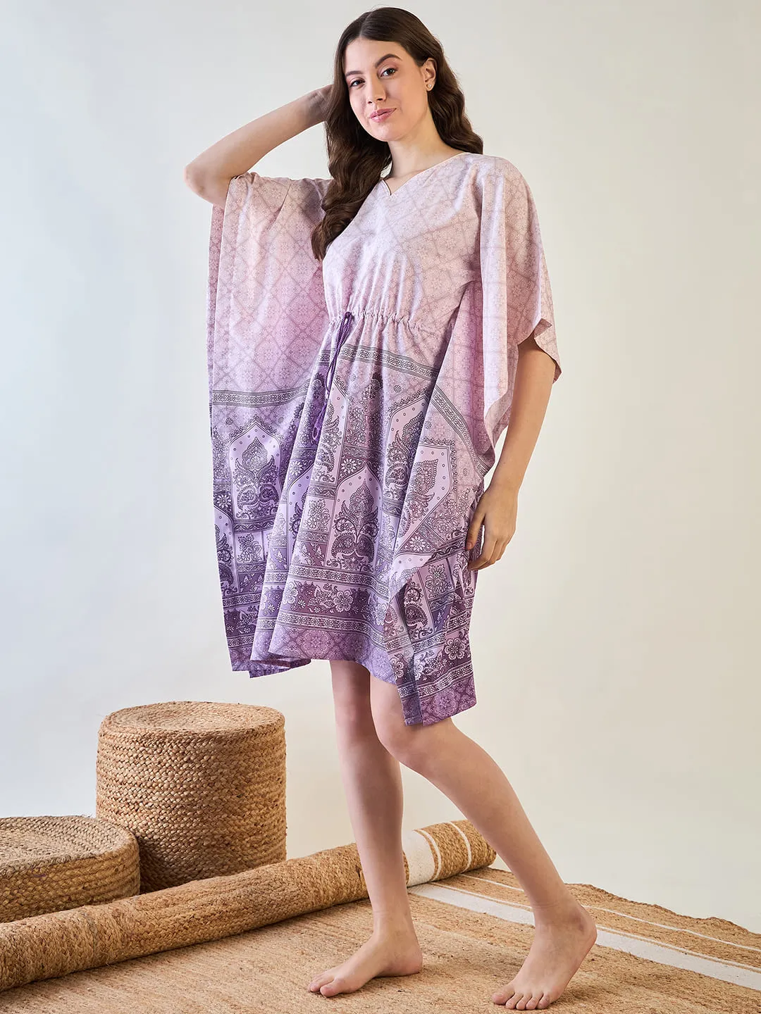Women's Elegant Purple Patterned Kaftan Dress With Tassel - The Kaftan Company