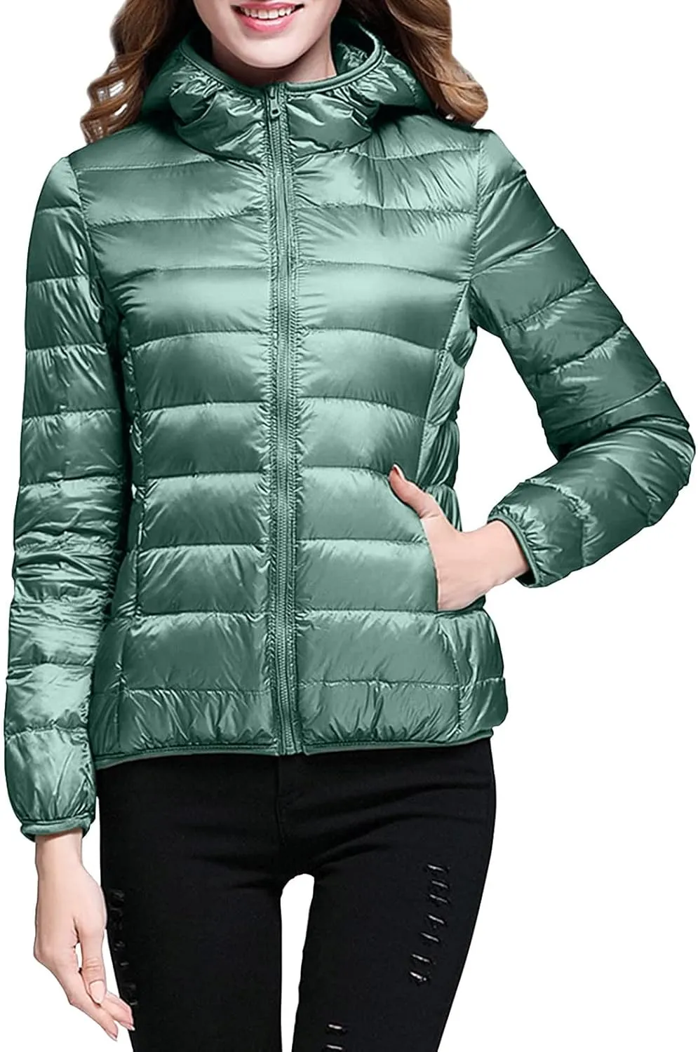 Womens Warm Hooded Down Jacket Lightweight Packable Windproof Puffer Coats Fashion Slim Cropped Long Sleeve Outwear