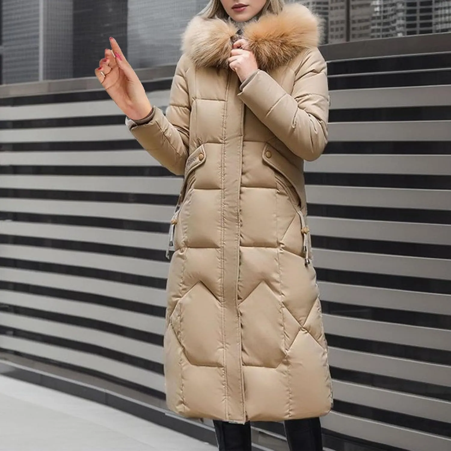 Women's Winter Long Coats Puffer Down Quilted Jackets Long Sleeve Full Zip Faux Fur Hood Padded Outerwear