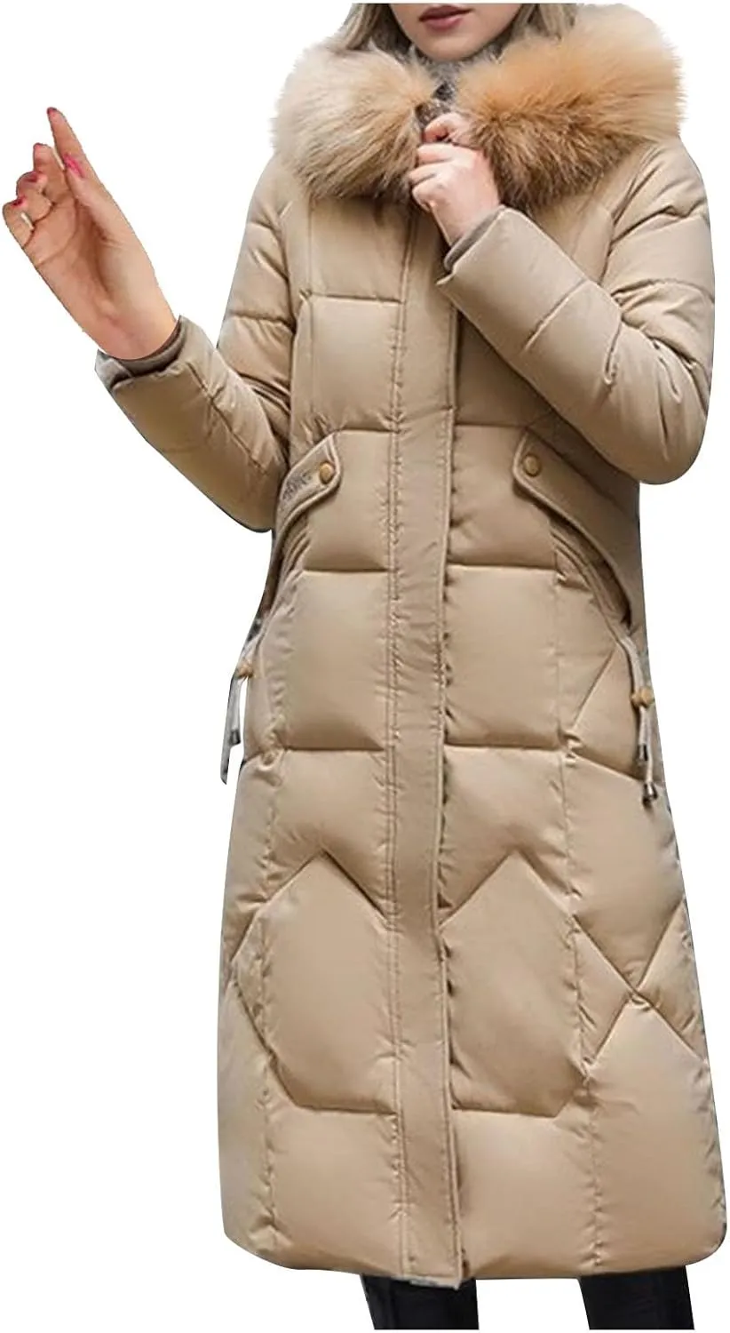 Women's Winter Long Coats Puffer Down Quilted Jackets Long Sleeve Full Zip Faux Fur Hood Padded Outerwear