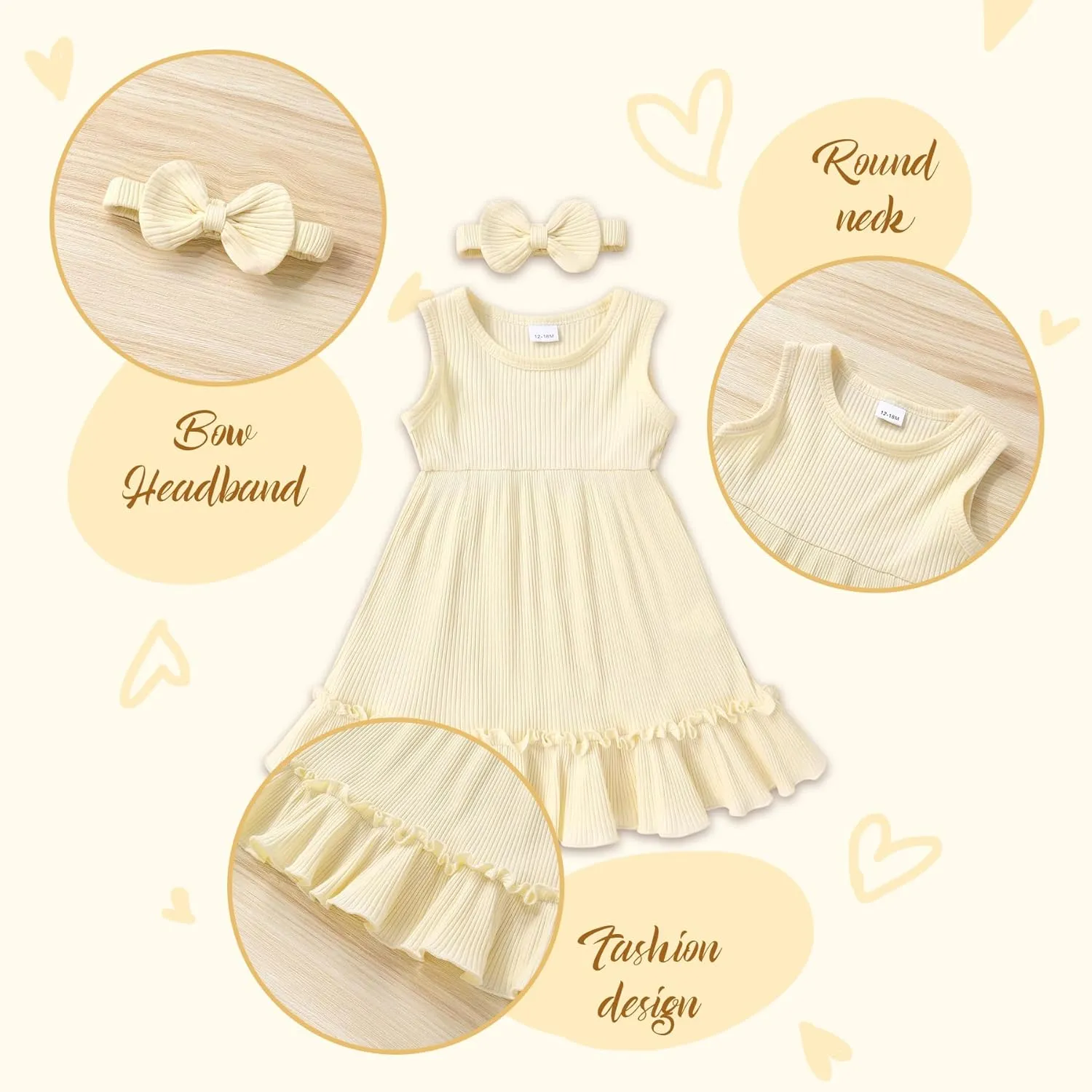 YOUNGER TREE Toddler Girl Summer Sundress Sleeveless Casual Dress Ruffle Hem Cotton Solid Outfits with Bowknot