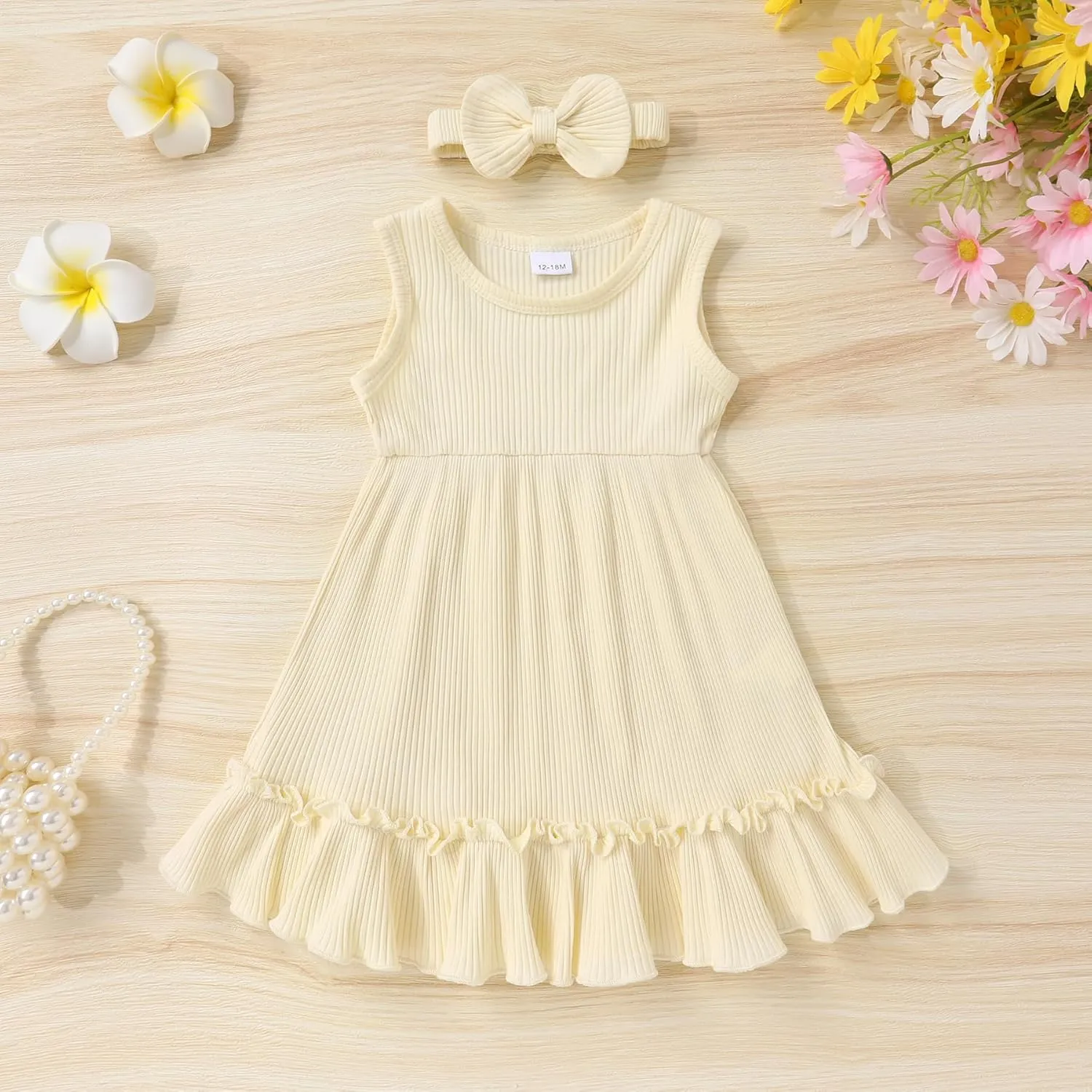 YOUNGER TREE Toddler Girl Summer Sundress Sleeveless Casual Dress Ruffle Hem Cotton Solid Outfits with Bowknot