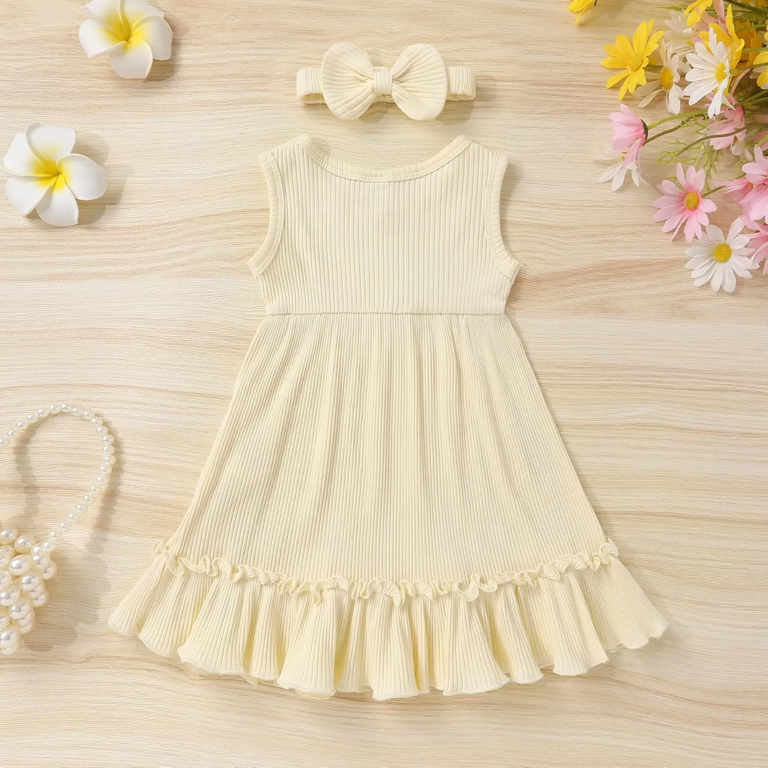 YOUNGER TREE Toddler Girl Summer Sundress Sleeveless Casual Dress Ruffle Hem Cotton Solid Outfits with Bowknot
