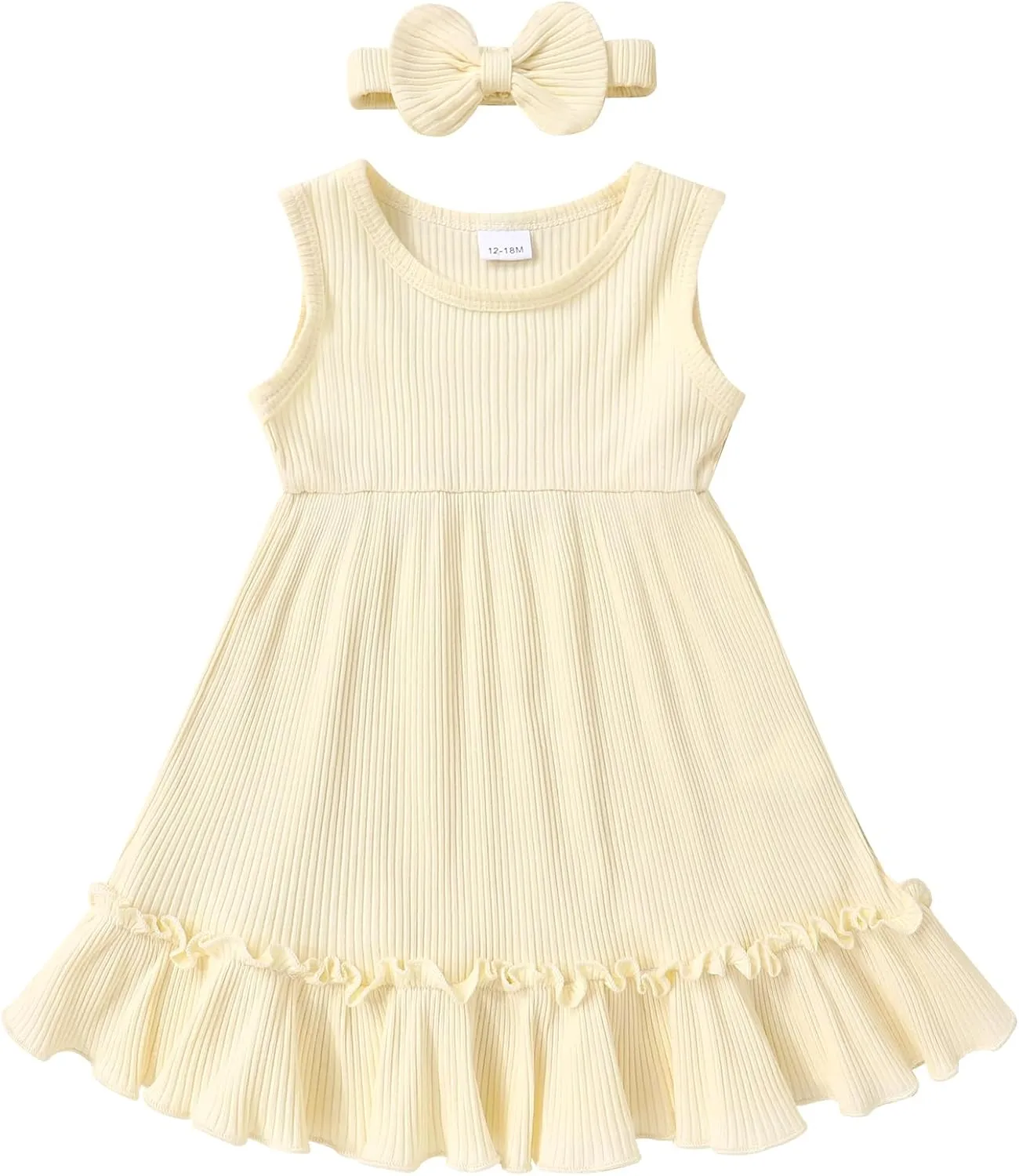 YOUNGER TREE Toddler Girl Summer Sundress Sleeveless Casual Dress Ruffle Hem Cotton Solid Outfits with Bowknot