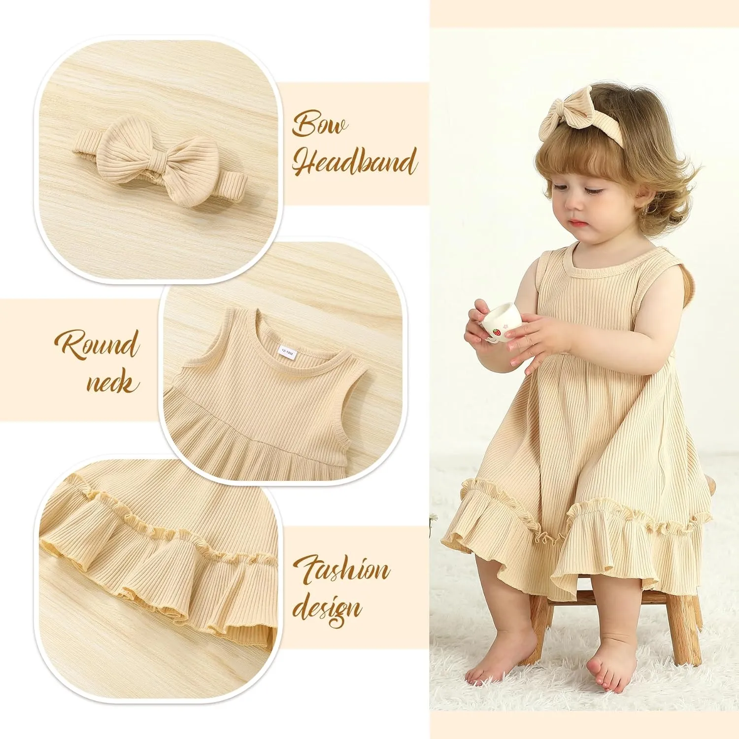 YOUNGER TREE Toddler Girl Summer Sundress Sleeveless Casual Dress Ruffle Hem Cotton Solid Outfits with Bowknot