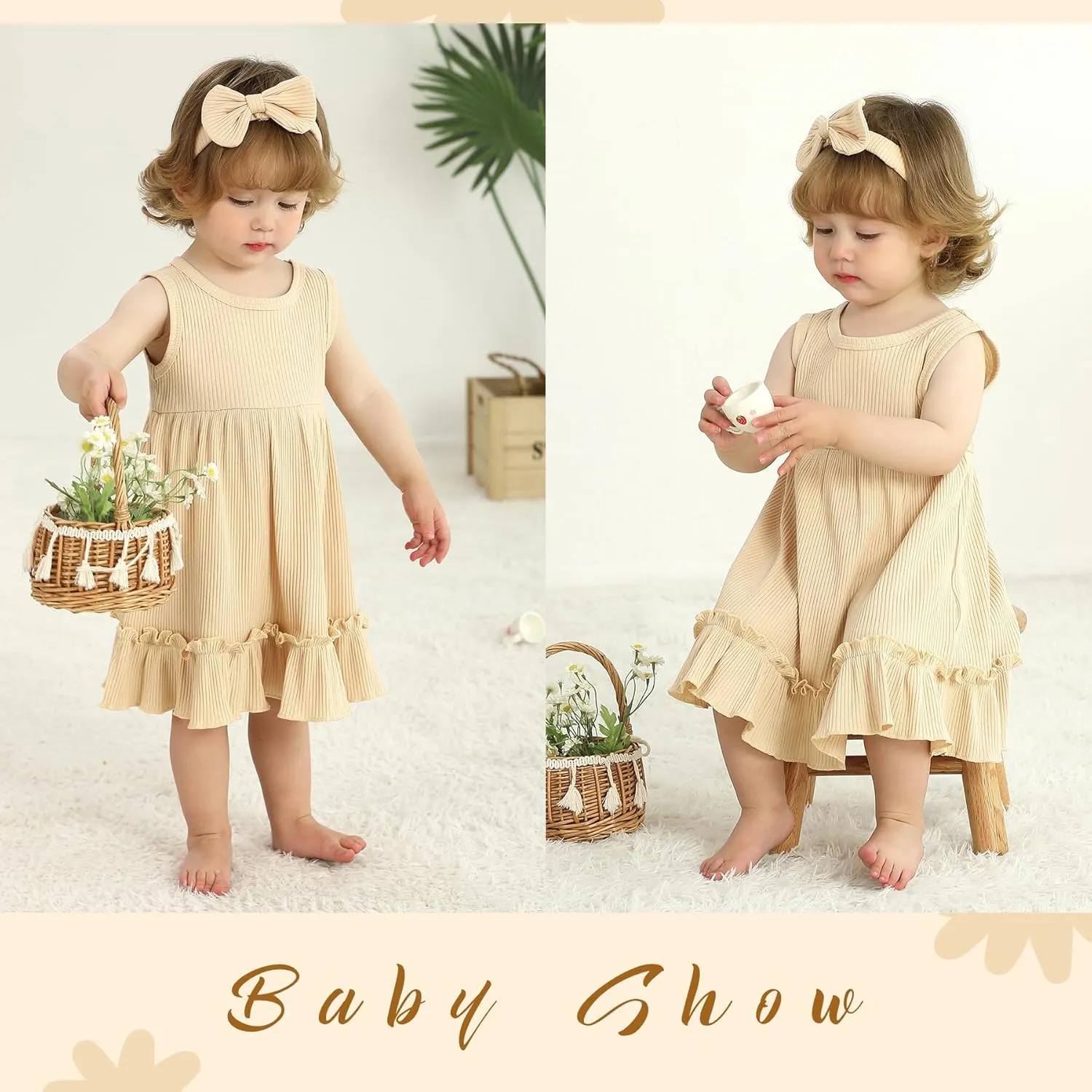 YOUNGER TREE Toddler Girl Summer Sundress Sleeveless Casual Dress Ruffle Hem Cotton Solid Outfits with Bowknot