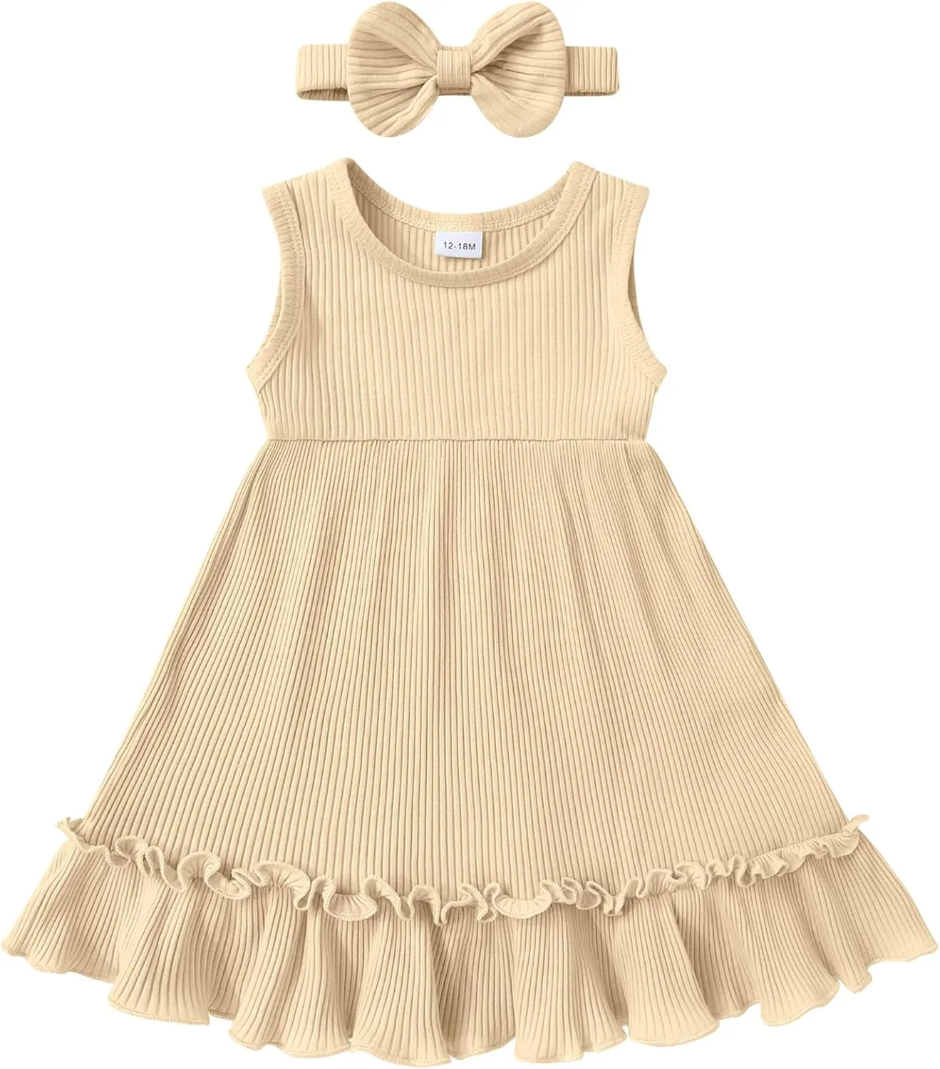 YOUNGER TREE Toddler Girl Summer Sundress Sleeveless Casual Dress Ruffle Hem Cotton Solid Outfits with Bowknot